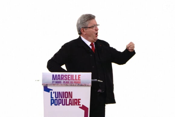 Jean-Luc Mélenchon (candidat la France Insoumise) à l'élection présidentielle française en meeting à Marseille le 27 mars 2022.