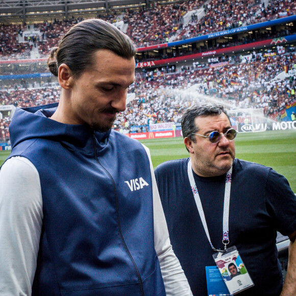 Zlatan Ibrahimovic et son agent Mino Raiola lors du match de coupe du monde de l'Allemagne contre le Mexique au Stade Loujniki à Moscou, Russie, le 17 juin 2018. © Cyril Moreau/Bestimage