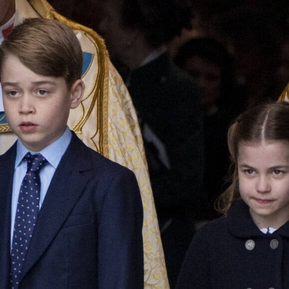 Le prince George de Cambridge, La princesse Charlotte de Cambridge - Service d'action de grâce en hommage au prince Philip, duc d'Edimbourg, à l'abbaye de Westminster à Londres, le 29 mars 2022. Le prince Philip, duc d'Edimbourg, est décédé le 9 avril 2021.