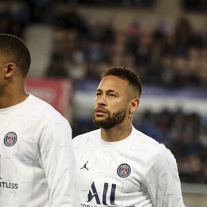 Neymar Jr et Kylian Mbappé - Match de Ligue 1 Uber Eats "Strasbourg - PSG (3-3)" au stade de la Meinau, le 29 avril 2022.