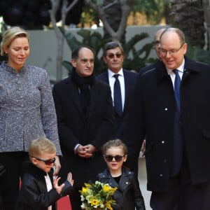 Pierre Casiraghi, à gauche - Le Prince Albert II et la princesse Charlène de Monaco avec leurs enfants le prince Jacques de Monaco et la princesse Gabriella de Monaco assistent à l'inauguration du One Monte-Carlo et de la promenade Princesse Charlène. P. Casiraghi et M.Wittstock ont également assisté à l'événement avec JL. Biamonti, D. Lambrecht et I. Harbour. Le One Monte-Carlo est un centre commercial situé au coeur de Monte-Carlo proche du célèbre casino de Monte-Carlo le 22 février, 2019 © Claudia Albuquerque/Bestimage 