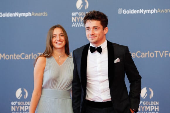 Charles Leclerc et sa compagne Charlotte Siné - Photocall de la cérémonie des Nymphes d'Or du 60ème festival de télévision de Monte Carlo au Grimaldi Forum à Monaco. Le 22 juin 2021. Cette année, beaucoup de lauréats seront présents en hologramme à cause des restrictions sanitaires © Claudia Albuquerque / Bestimage