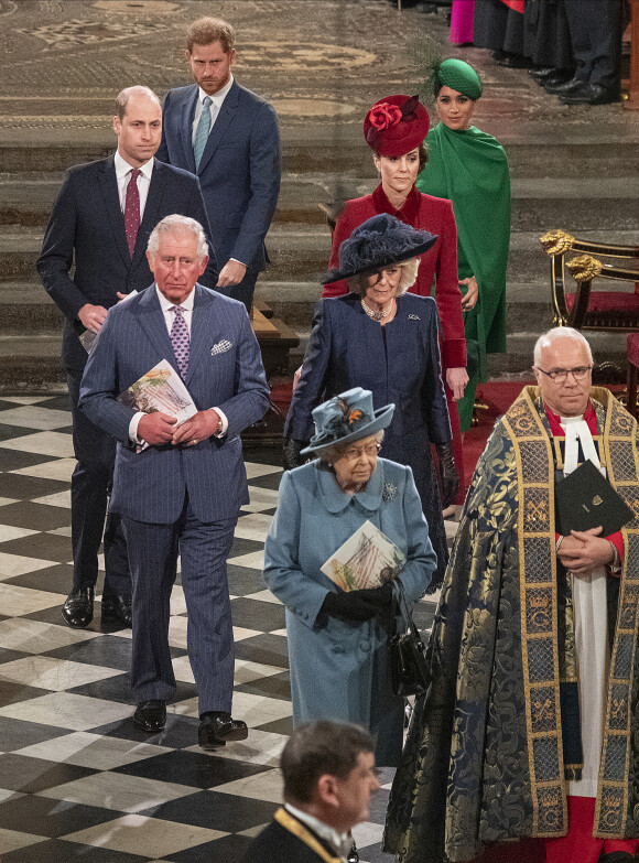 La reine Elisabeth II d'Angeleterre, le prince Charles et Camilla Parker-Bowles duchesse de Cornouailles, le prince William, duc de Cambridge, et Kate Catherine Middleton, duchesse de Cambridge, le prince Harry, duc de Sussex, Meghan Markle, duchesse de Sussex - La famille royale d'Angleterre lors de la cérémonie du Commonwealth en l'abbaye de Westminster à Londres. Le 9 mars 2020 