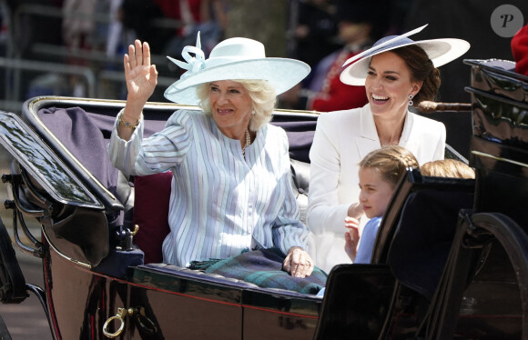 La princesse Charlotte de Cambridge, Camilla Parker Bowles, duchesse de Cornouailles, Catherine Kate Middleton, duchesse de Cambridge - Les membres de la famille royale lors de la parade militaire "Trooping the Colour" dans le cadre de la célébration du jubilé de platine de la reine Elizabeth II à Londres, le 2 juin 2022. 