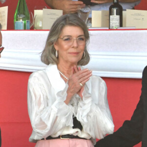 La princesse Caroline de Hanovre, portant un chemisier Chanel, le prince Albert II de Monaco, et Charlotte Casiraghi durant le Jumping International de Monaco, 16eme édition du Longines Global Champions Tour, le 2 juillet 2022. Le prix du Prince Souverain lors de la dernière journée de la compétition a été remis sur le port Hercule à Monaco. C'est le cavalier autrichien Max Kuhner qui a terminé premier, suivi par l'irlandais Darragh Kenny et du belge Olivier Philippaerts