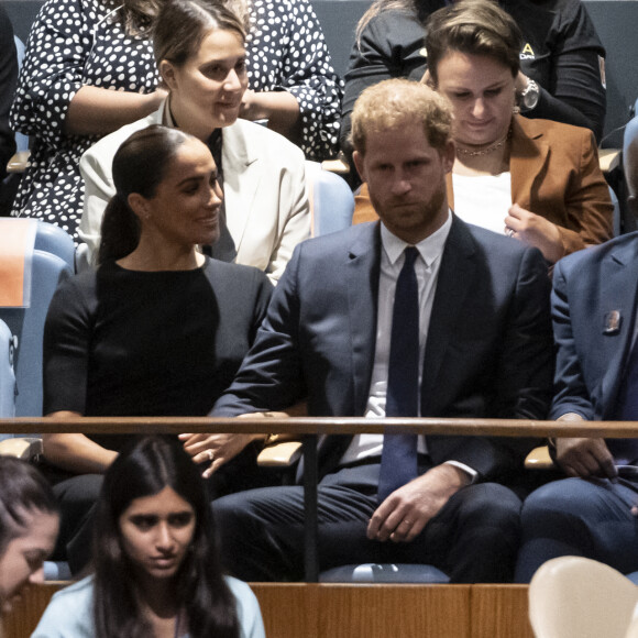 Le prince Harry, duc de Sussex et Meghan Markle, duchesse de Sussex, lors de la célébration du "Nelson Mandela International Day" au siège de l'ONU à New York. Le Prix Nelson Mandela des Nations Unies 2020 a été décerné à Mme Marianna V. Vardinoyannis de Grèce et au Dr Morissanda Kouyate de Guinée. New York, le 18 juillet 2022. 