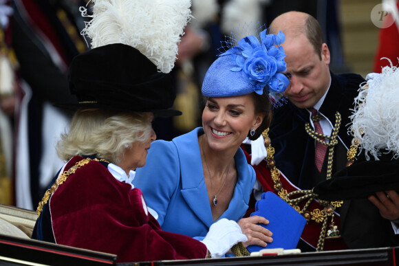 Le prince William, duc de Cambridge, et Catherine (Kate) Middleton, duchesse de Cambridge, Camilla Parker Bowles, duchesse de Cornouailles, lors de la cérémonie de l'ordre de la Jarretière à la chapelle Saint-Georges du château de Windsor. Londres, la 13 juin 2022. 