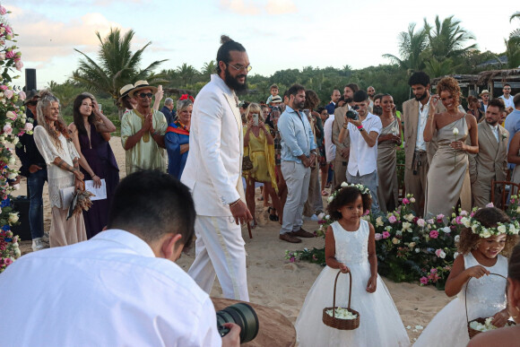Exclusif - Joakim Noah avec ses parents Yannick Noah et Cecilia Rodhe, Isabelle Camus - Joakim Noah et Lais Ribeiro se sont mariés devant leurs amis et leur famille sur la plage de Trancoso au Brésil le 13 juillet 2022.