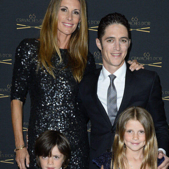 Sophie Thalmann, son mari Christophe Soumillon et leur enfants Charlie et Mika - 65ème édition des Cravaches d'Or au Théâtre des Champs-Elysées à Paris le 14 mars 2014.