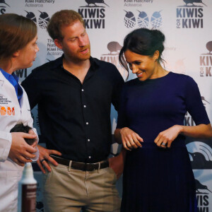 Le prince Harry, duc de Sussex, Meghan Markle, duchesse de Sussex (enceinte) lors de la visite d'un élevage de kiwis à Rainbow Springs , Rotorua en Nouvelle Zélande le 31 octobre 2018. 