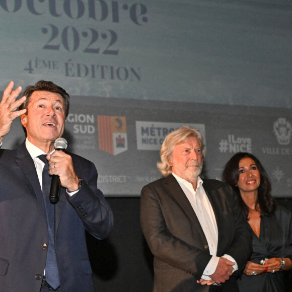 Christian Estrosi, le maire de Nice, Daniel et Nathalie Benoin les co-créateurs du Festival, au Photocall lors de la soirée de la 4ème édition du festival Cinéroman à Nice au cinéma Pathé Gare du Sud avec la projection du film "Simone" le 7 octobre 2022. © Bruno Bebert / Bestimage 