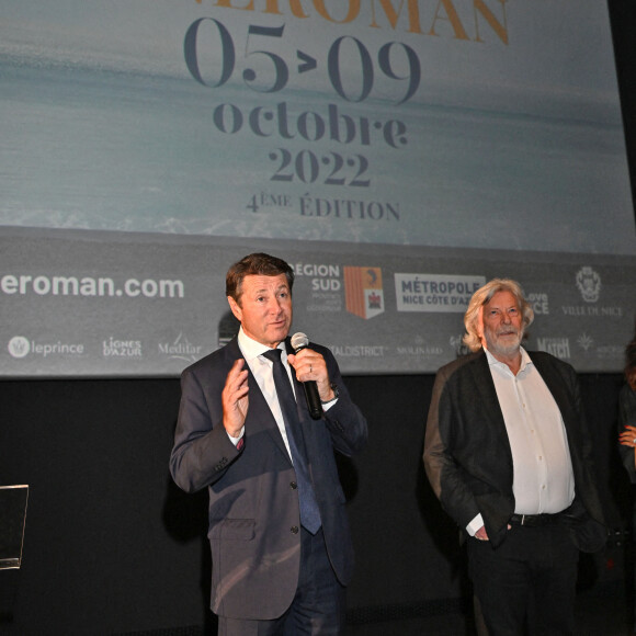 Christian Estrosi, le maire de Nice, et Daniel Benoin le co-créateur du Festival, au Photocall lors de la soirée de la 4ème édition du festival Cinéroman à Nice au cinéma Pathé Gare du Sud avec la projection du film "Simone" le 7 octobre 2022. © Bruno Bebert / Bestimage 