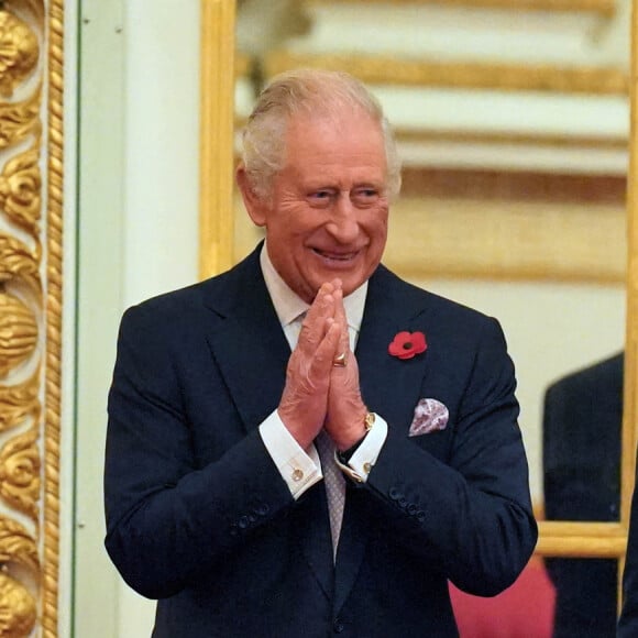 Le roi Charles III d'Angleterre, le Premier ministre Rishi Sunak, Alok Sharma et Brian Moynihan - Réception à Buckingham Palace avec des dirigeants mondiaux, des personnalités du monde des affaires, des écologistes et des ONG, à Londres, avant le sommet de la Cop 27.