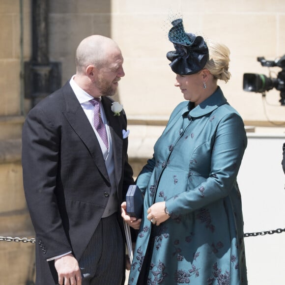 Mike Tindall et sa femme Zara Phillips Tindall (enceinte) - Les invités arrivent à la chapelle St. George pour le mariage du prince Harry et de Meghan Markle au château de Windsor, Royaume Uni, le 19 mai 2018. 