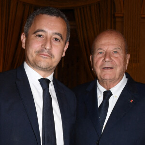 Exclusif - Gérald Darmanin et Marc Ladreit de Lacharrière - Les membres du Cercle de la Revue des Deux Mondes étaient réunis autour du ministre de l'Intérieur et des Outre-mer Gérald Darmanin, à l'invitation de Marc Ladreit de Lacharrière, président d'honneur de la Revue des Deux Mondes. C'est dans les salons de l'Interallié que s'est déroulée cette belle soirée dédiée au débat d'idées. De nombreuses personnalités du monde des lettres, des arts et de la culture étaient présentes, notamment la Secrétaire perpétuelle de l'Académie française Hélène Carrère d'Encausse et le cinéaste Jean-Jacques Annaud. © Giancarlo Gorassini / Bestimage 