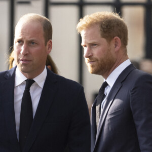 Le prince de Galles William, le prince Harry, duc de Sussex à la rencontre de la foule devant le château de Windsor, suite au décès de la reine Elisabeth II d'Angleterre.