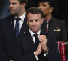 Emmanuel Macron - president de la Republique Francaise - Remise du trophée de la Coupe du Monde 2022 au Qatar à l'équipe d'argentine après sa victoire contre la France en finale. Doha.