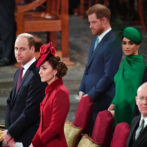 Le prince William, duc de Cambridge, et Kate Catherine Middleton, duchesse de Cambridge, le prince Harry, duc de Sussex, et Kate Catherine Middleton, duchesse de Sussex - La famille royale d'Angleterre lors de la cérémonie du Commonwealth en l'abbaye de Westminster à Londres. Le 9 mars 2020 