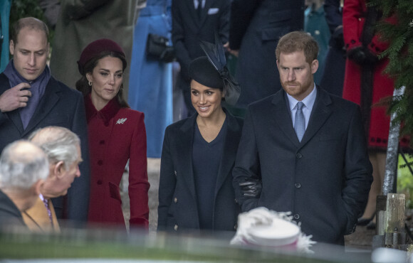 Le prince William, duc de Cambridge, Catherine Kate Middleton, la duchesse de Cambridge, Meghan Markle, duchesse de Sussex enceinte, le prince Harry La famille royale britannique se rend à la messe de Noël à l'église Sainte-Marie-Madeleine à Sandringham, le 25 décembre 2018. 