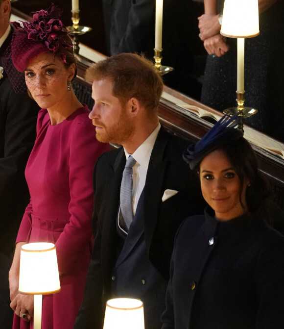 Catherine Kate Middleton, duchesse de Cambridge, le prince Harry, duc de Sussex, Meghan Markle, duchesse de Sussex - Cérémonie de mariage de la princesse Eugenie d'York et Jack Brooksbank en la chapelle Saint-George au château de Windsor le 12 octobre 2018. 