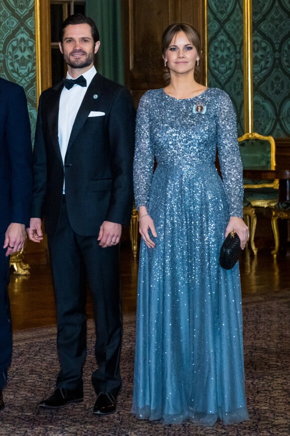 La princesse Victoria de Suède, La princesse Sofia (Hellqvist) de Suède, Le prince Carl Philip de Suède, lors du dîner de gala annuel "Sverigemiddagen (dîner suédois)", suivi d'un concert dans la salle Rikssalen du palais royal à Stockholm, le 20 janvier 2023.