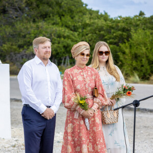 Le roi Willem-Alexander, la reine Maxima et la princesse Catharina-Amalia des Pays-Bas visitent les anciennes huttes d'esclaves "Witte Pan" à Bonaire, Antilles néerlandaises, Pays-Bas, le 28 janvier 2023. Cette visite s'inscrit dans le cadre du voyage de la famille royale dans les Caraïbes néerlandaises. 