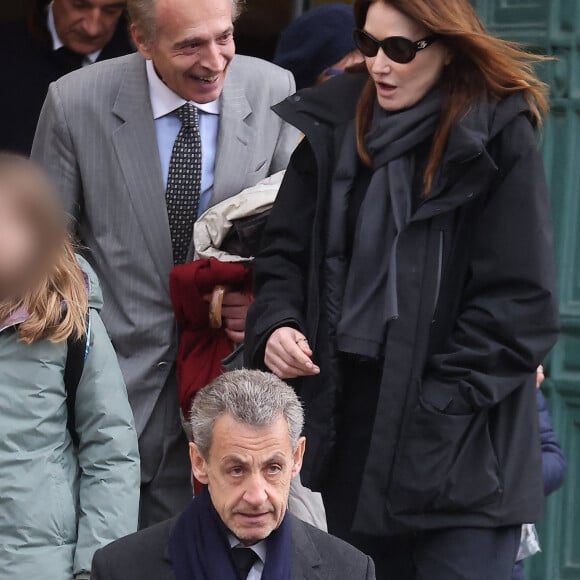 Nicolas Sarkozy et sa femme Carla Bruni Sarkozy - Sorties des obsèques de Päl Sarkozy de Nagy Bocsa, le père de Nicolas Sarkozy, en l'église Saint-Jean Baptiste à Neuilly sur Seine le 9 mars 2023. © Dominique Jacovides / Bestimage 