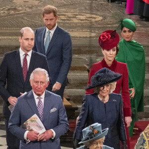 Le prince Charles et Camilla Parker-Bowles duchesse de Cornouailles, le prince William, duc de Cambridge, et Kate Catherine Middleton, duchesse de Cambridge, le prince Harry, duc de Sussex, Meghan Markle, duchesse de Sussex - La famille royale d'Angleterre lors de la cérémonie du Commonwealth en l'abbaye de Westminster à Londres. Le 9 mars 2020 