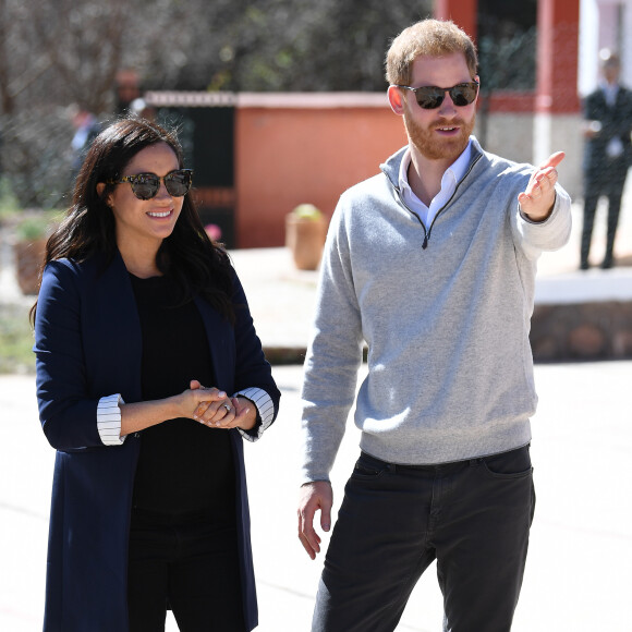 Le prince Harry, duc de Sussex, et Meghan Markle, duchesse de Sussex, enceinte visitent le "Lycée Qualifiant Grand Atlas"à Asni, dans le cadre de leur voyage officiel au Maroc, le 24 février 2019. 