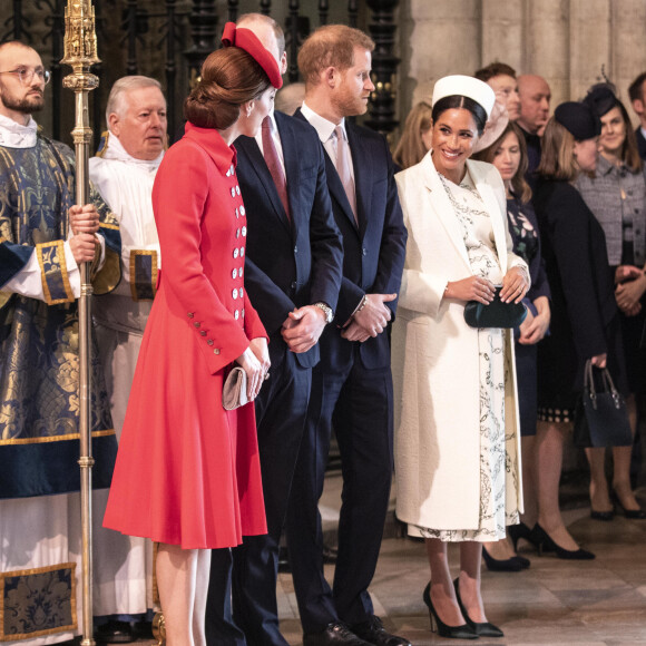 Catherine Kate Middleton, duchesse de Cambridge, le prince William, duc de Cambridge, le prince Harry, duc de Sussex, Meghan Markle, enceinte, duchesse de Sussex lors de la messe en l'honneur de la journée du Commonwealth à l'abbaye de Westminster à Londres le 11 mars 2019. 