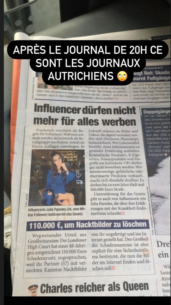 Vexée par un récent reportage de TF1, elle a immédiatement pensé que cet article était négatif.
Julia Paredes montre le journal sur lequel elle apparaît sur Instagram.