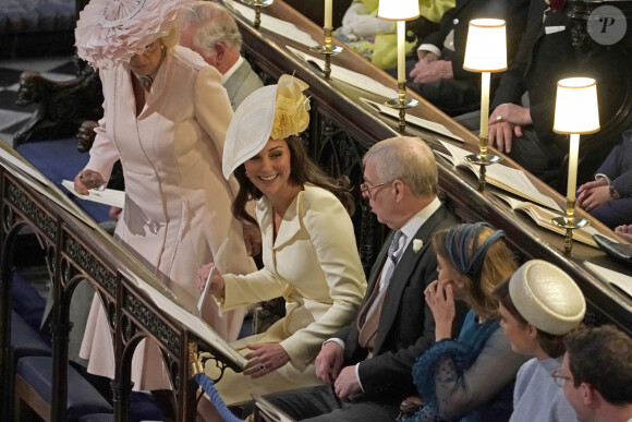 Le prince Charles, prince de Galles, Camilla Parker Bowles, duchesse de Cornouailles, Catherine (Kate) Middleton, duchesse de Cambridge, Le prince Andrew, duc d'York - Cérémonie de mariage du prince Harry et de Meghan Markle en la chapelle Saint-George au château de Windsor, Royaume Uni, le 19 mai 2018. 
