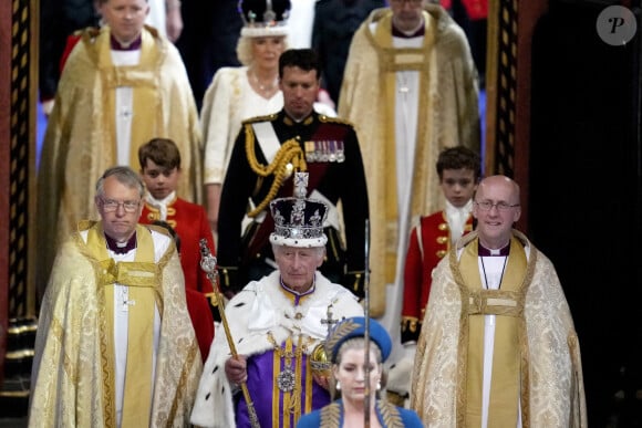 Le roi Charles III d'Angleterre et Camilla Parker Bowles, reine consort d'Angleterre, lors de la cérémonie de couronnement du roi d'Angleterre à Londres, Royaume Uni, le 6 mai 2023. 