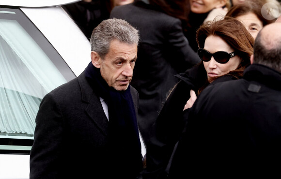 Nicolas Sarkozy et sa femme Carla Bruni-Sarkozy - Sorties des obsèques de Päl Sarkozy de Nagy Bocsa, le père de Nicolas Sarkozy, en l'église Saint-Jean Baptiste à Neuilly sur Seine le 9 mars 2023. © Dominique Jacovides / Bestimage 