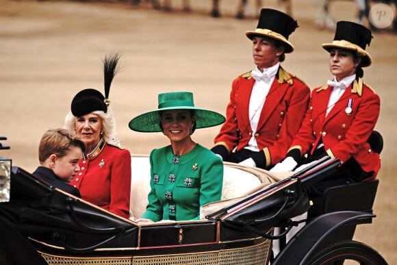 La reine consort Camilla Parker Bowles et Kate Catherine Middleton, princesse de Galles - La famille royale d'Angleterre lors du défilé "Trooping the Colour" à Londres. Le 17 juin 2023 