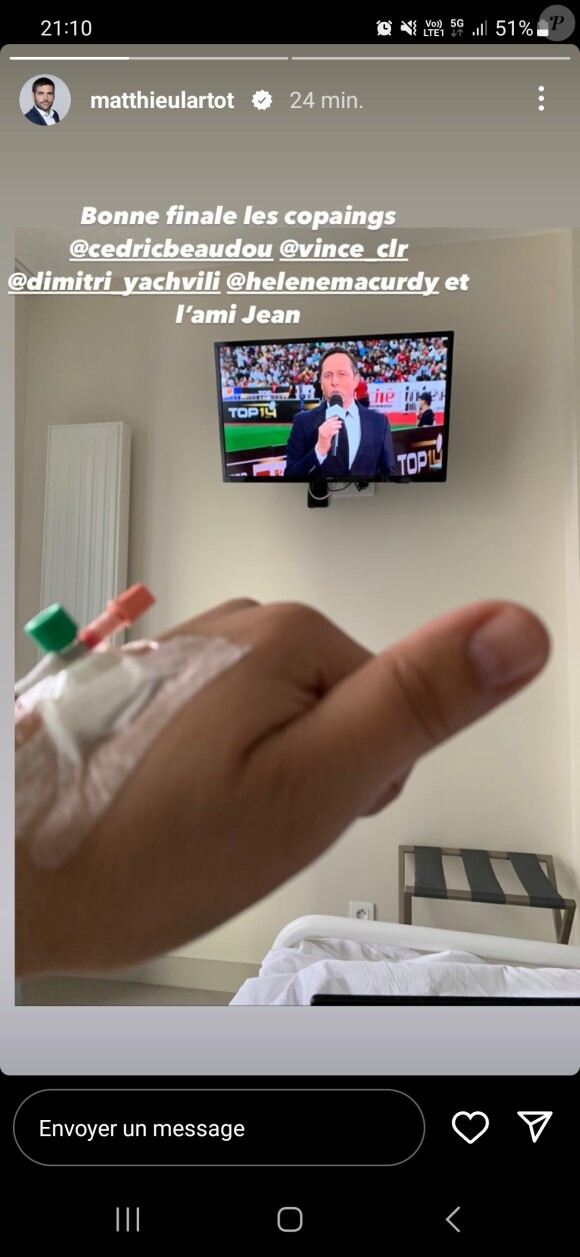 Il a souhaité bonne finale à ses collègues
Matthieu Lartot à l'hôpital. Instagram