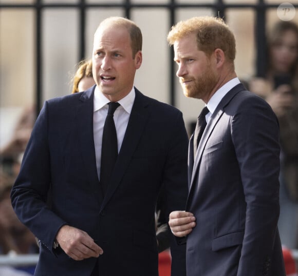 Le prince de Galles William, le prince Harry, duc de Sussex à la rencontre de la foule devant le château de Windsor, suite au décès de la reine Elisabeth II d'Angleterre. Le 10 septembre 2022 