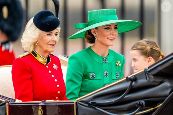 La reine consort, Camilla Parker Bowles, Kate Catherine Middleton, princesse de Galles, la princesse Charlotte de Galles - La famille royale d'Angleterre lors du défilé "Trooping the Colour" à Londres. Le 17 juin 2023