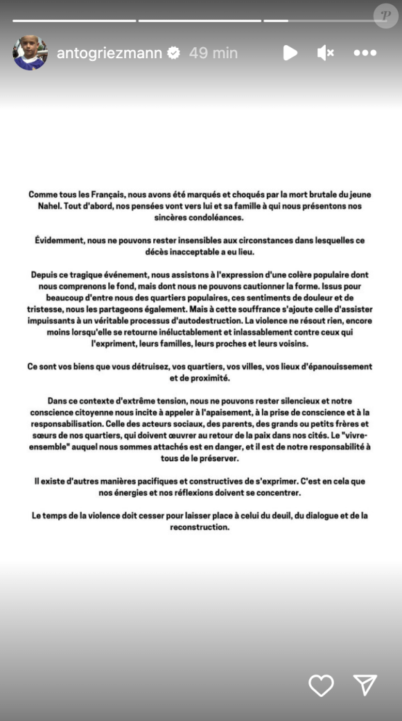 Antoine Griezmann partage l'appel au calme de l'équipe de France de football pour stopper les violences liées aux émeutes.