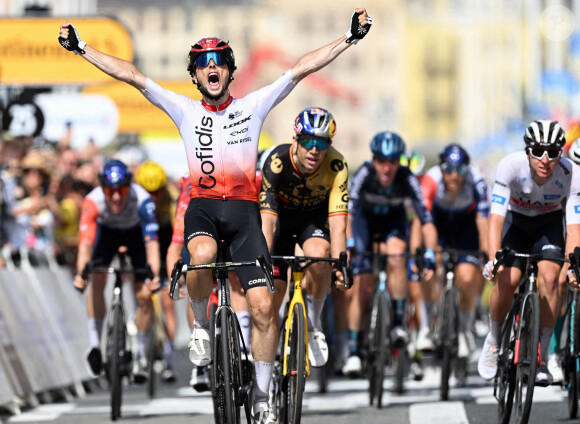 Victor Lafay de Cofidis vainqueur de l'étape entre Vitoria-Gasteiz et Saint Sebastien, en Espagne, ce dimanche 2 juillet 2023. Photo : ABACAPRESS.COM