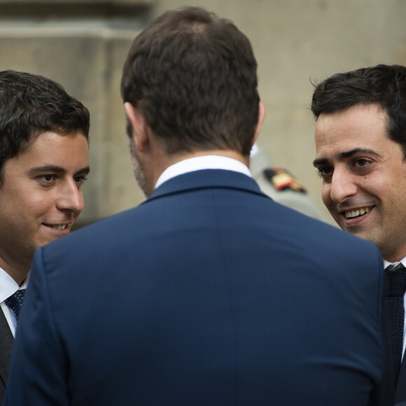 Christophe Castaner, ministre de l'Intérieur, Stephane Sejourne et Gabriel Attal lors du discours aux armées d'Emmanuel Macron à l'Hôtel de Brienne, siège du ministère des Armées. Emmanuel Macron a annoncé la création d'un commandement de l'espace, qui sera créé à l'automne au sein de l'armée de l'Air. Paris, le 13 juillet 2019. Eliot Blondet/Pool/Bestimage 