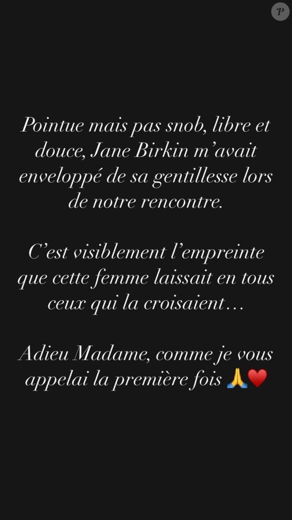 Bianney a également eu une tendre pensée par la défunte star.
Vianney, hommage à Jane Birkin sur Instagram.