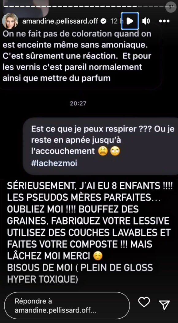 Sans surprise, les internautes ont été nombreux à réagir à ses publications. Et certains d'entre eux se sont montrés très critiques comme en témoigne un screen relayé par Amandine Pellissard... Et elle n'a pas manqué de répliquer !