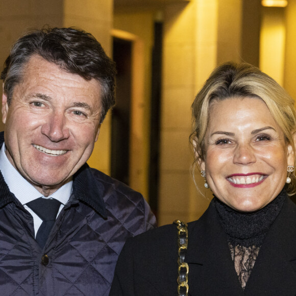 Exclusif - Christian Estrosi avec sa femme Laura Tenoudji-Estrosi - Cérémonie de remise du prix Raymond Devos au théâtre Edouard VII à Paris dans le cadre de la 28ème édition de la semaine de la Langue Française et de la Francophonie le 20 mars 2023. Le théâtre a rendu hommage à R. Devos avec le spectacle "Il a de la côte Devos!" mis en scène par D. Benoin. A. Lutz et M. Robin héritiers de l'artiste, salués pour leur maitrise de la langue et leur manière de jouer, ont reçus leurs prix. © Coadic Guirec - Cyril Bruneau / Bestimage