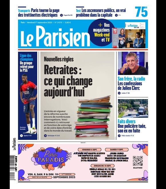 "Le Parisien", couverture du 1er septembre 2023.