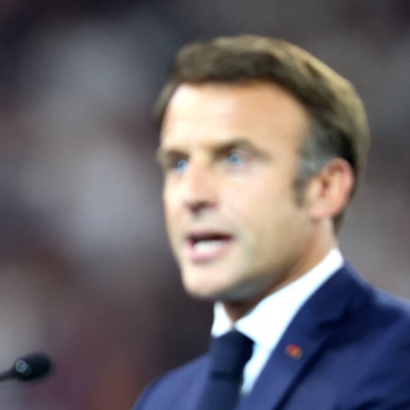 Emmanuel Macron - Cérémonie d'ouverture de la Coupe du Monde de Rugby France 2023 avant le match de la Poule A entre la France et la Nouvelle-Zélande au Stade de France à Saint-Denis le 8 septembre 2023. © Dominique Jacovides/Bestimage 