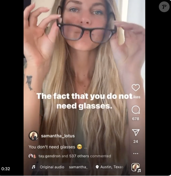 Dans l'une de ses vidéos, elle déclare qu'elle a trouvé la façon de guérir les problèmes de vue de manière holistique, et sans utiliser de lunettes de vue. Pour elle, celles-ci ne servent à rien.
Samantha Lotus affirme que les lunettes de vue ne servent à rien - vidéo TikTok