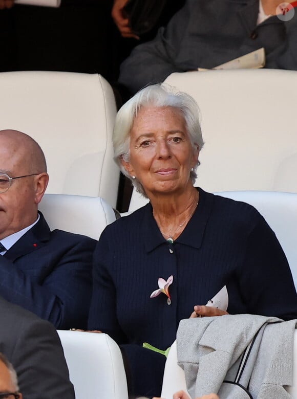 Christine Lagarde, présidente de la Banque Centrale européenne (BCE) - Le président de la République française E.Macron et la première dame B.Macron assistent à la messe donnée par le pape François au stade Vélodrome de Marseille, le 23 septembre 2023. Sa Sainteté le pape François est à Marseille pour la clôture des Rencontres Méditerranéennes (17 - 24 septembre 2023). © Dominique Jacovides / Bestimage 