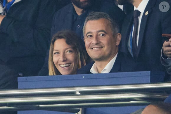 Gérald Darmanin et sa femme Rose-Marie Devillers - Tribunes lors du match de football Ligue 1 Uber Eats opposant le PSG à l'OM (4-0) au Parc des Princes. Paris, le 24 septembre 2023. © Cyril Moreau/Bestimage