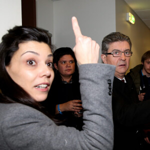 Jean-Luc Mélenchon, candidat à l'élection présidentielle de la "France Insoumise" et sa conseillère et compagne Sophia Chikirou sur le plateau du ''Grand Débat'' des 11 candidats à l'élection présidentielle organisé par les chaînes de télévision BFM TV et CNews, à La Plaine-Saint-Denis, banlieue parisienne, France, le 4 avril 2017. © Dominique Jacovides/Bestimage 